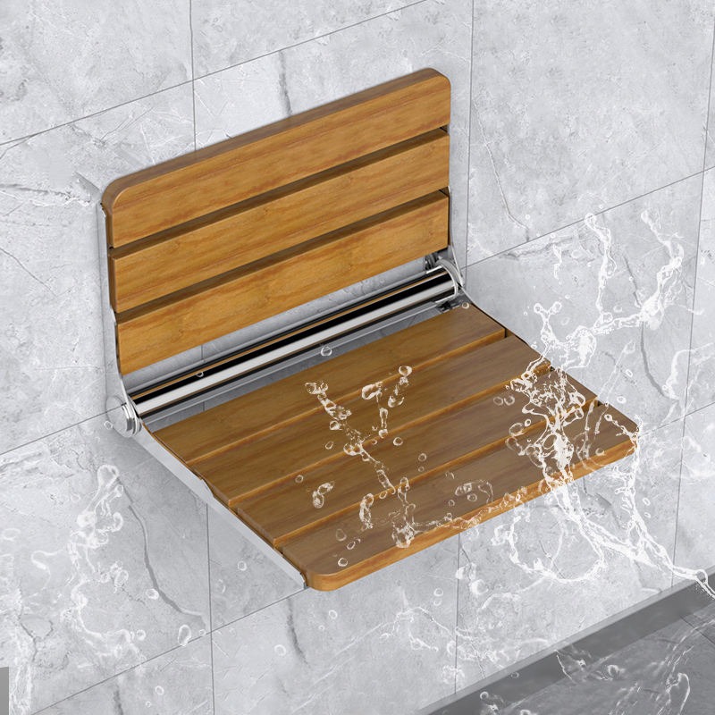 Wall-Mounted Foldable Shower Chair, 304 Stainless Steel & Solid Wood, Heavy Duty Flip-Up Bathroom Seat
