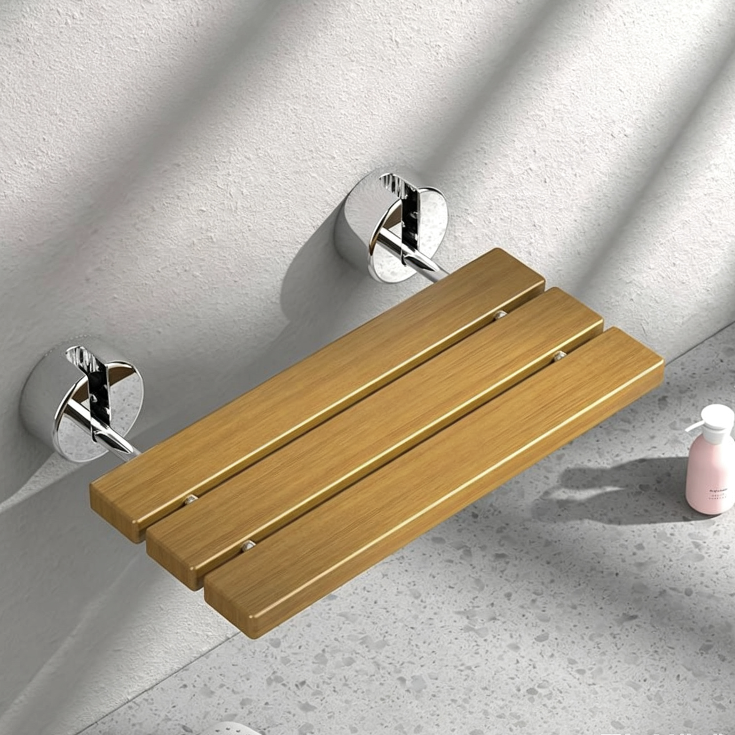 Foldable Wall Mounted Shower Chair, 304 Stainless Steel & Solid Wood Seat