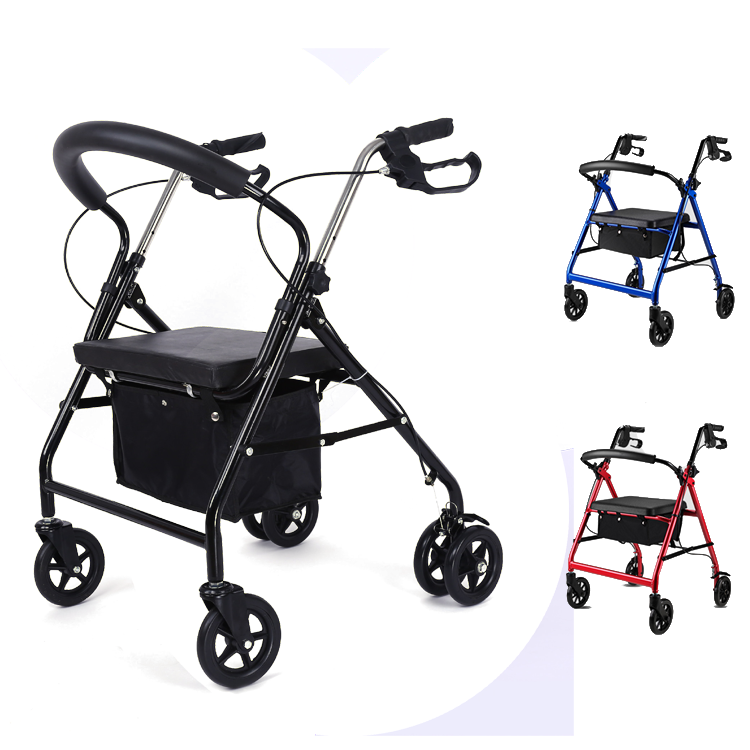 Heavy-Duty Carbon Steel Rollator Walker with 360° Swivel Wheels & Adjustable Armrests
