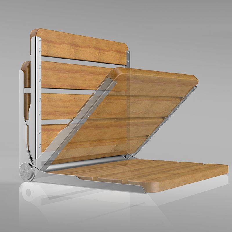Wall Mounted Foldable Shower Chair, 304 Stainless Steel Frame, Solid Wood Seat, Space-Saving Flip-Up Design, Heavy Duty Non-Slip