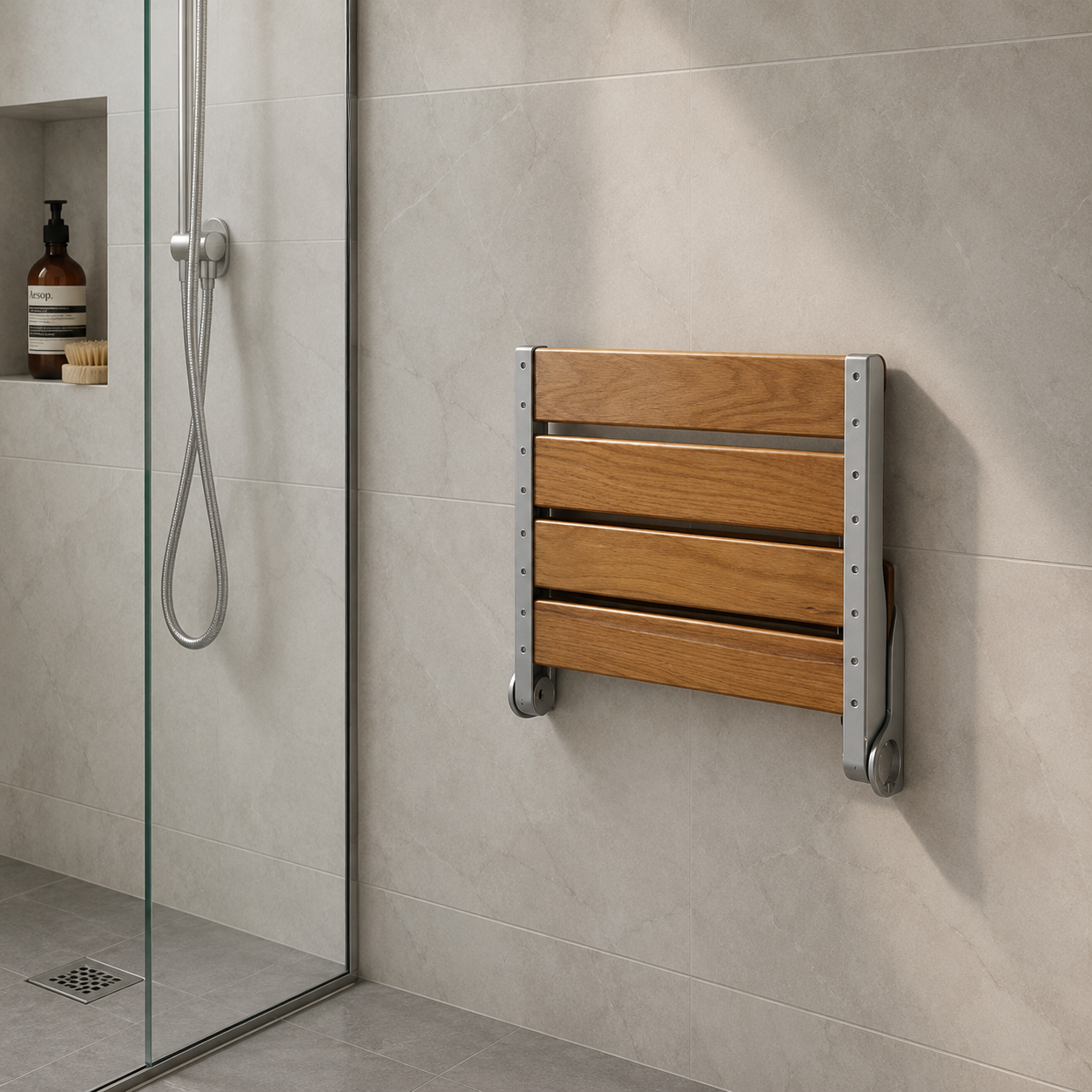 Wall Mounted Foldable Shower Chair, 304 Stainless Steel Frame, Solid Wood Seat, Space-Saving Flip-Up Design, Heavy Duty Non-Slip