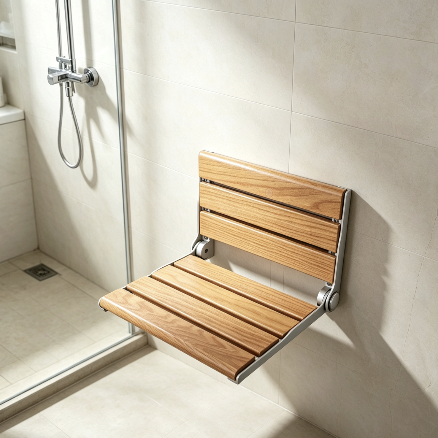 Wall Mounted Foldable Shower Chair, 304 Stainless Steel Frame, Solid Wood Seat, Space-Saving Flip-Up Design, Heavy Duty Non-Slip