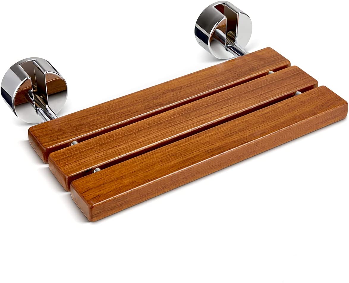 Foldable Wall Mounted Shower Chair, 304 Stainless Steel & Solid Wood Seat