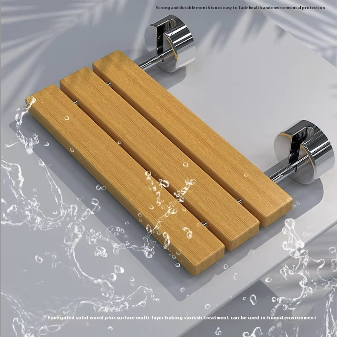 Foldable Wall Mounted Shower Chair, 304 Stainless Steel & Solid Wood Seat