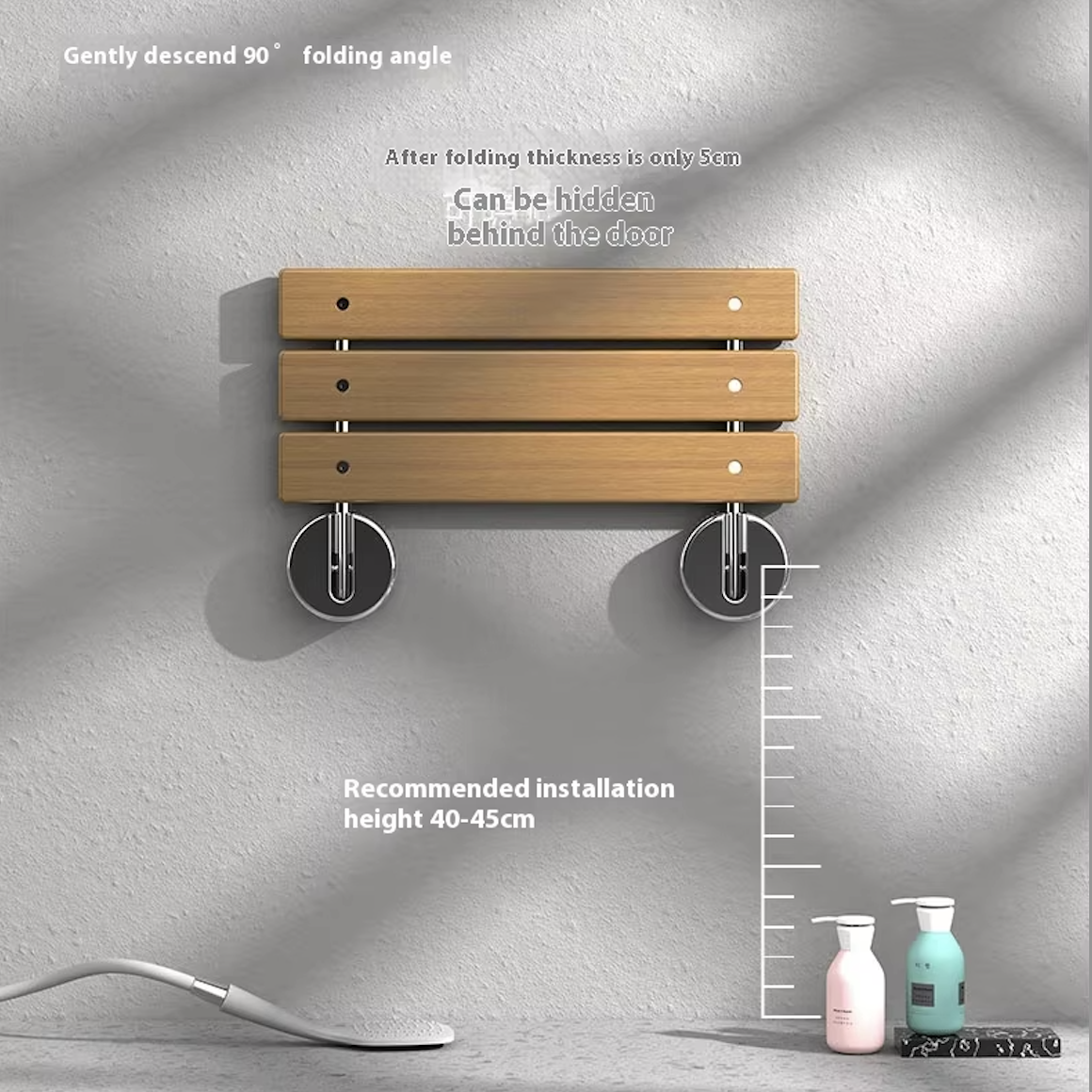 Foldable Wall Mounted Shower Chair, 304 Stainless Steel & Solid Wood Seat