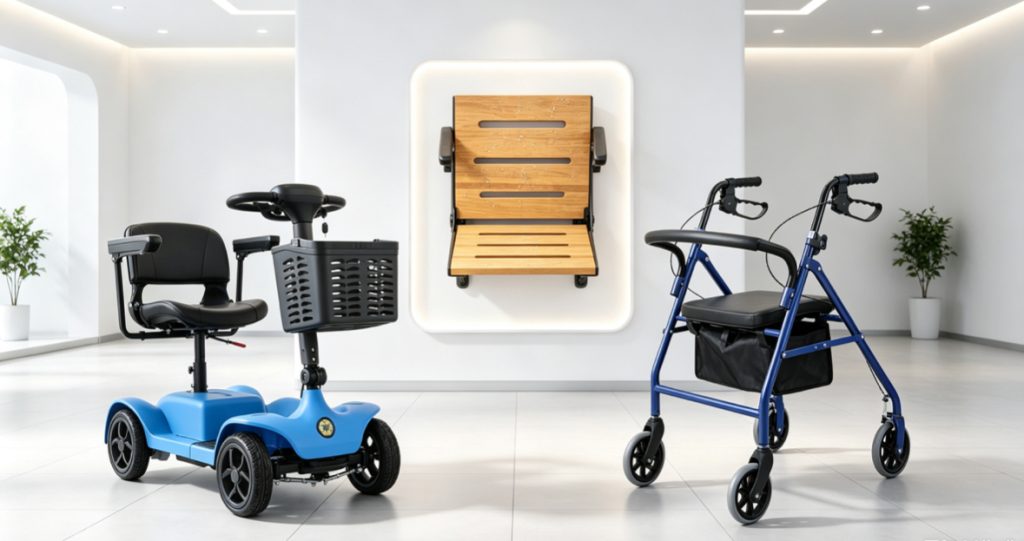 Rineo mobility aids and bathroom safety products including mobility scooters, wheelchairs, walkers, bathroom safety grab bars, shower chairs and toilet aids