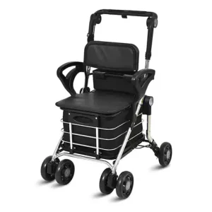 Senior multifunctional shopping cart and rollator with 6 wheels, padded seat, detachable backrest, and height-adjustable armrests — foldable lightweight aluminum walking trolley for elderly grocery shopping and rest.
