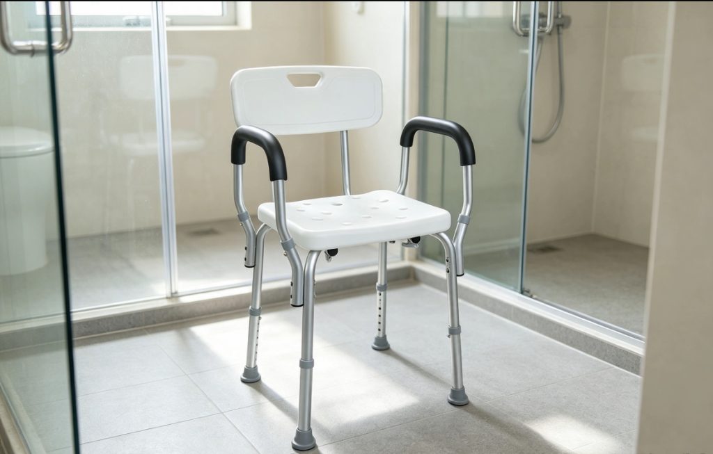 shower chair for elderly parents with anti-slip rubber feet and backrest