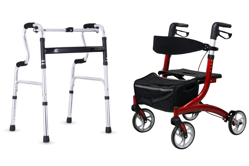 Walker vs rollator comparison showing a standard walker with rubber tips beside a four-wheel rollator with seat and hand brakes