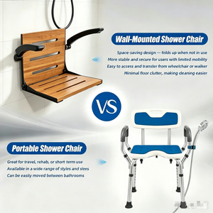 Side-by-side comparison of a fold-down wall-mounted shower chair and a freestanding shower chair with armrests in a bathroom