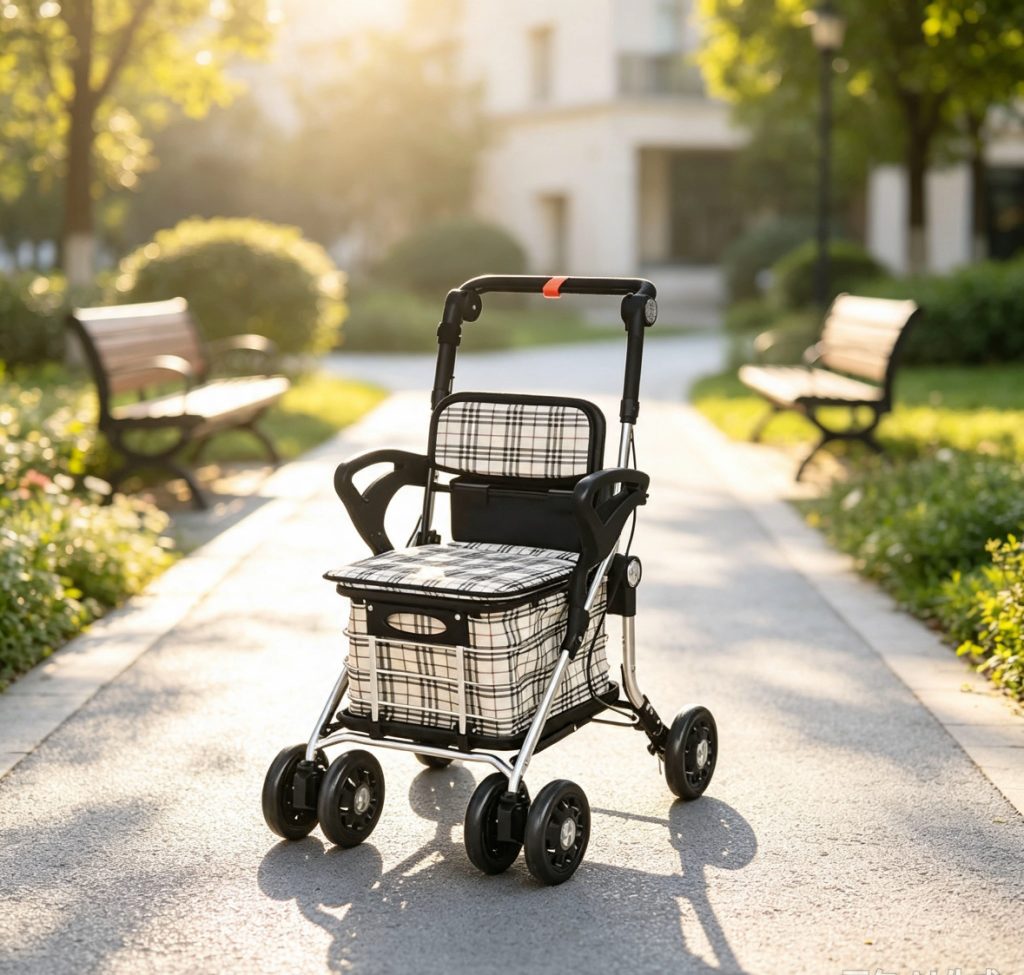 6-wheel senior shopping cart and rollator with padded seat, detachable backrest, and height-adjustable armrests. This foldable aluminum trolley works as a grocery cart, a walking aid, and a rest seat.